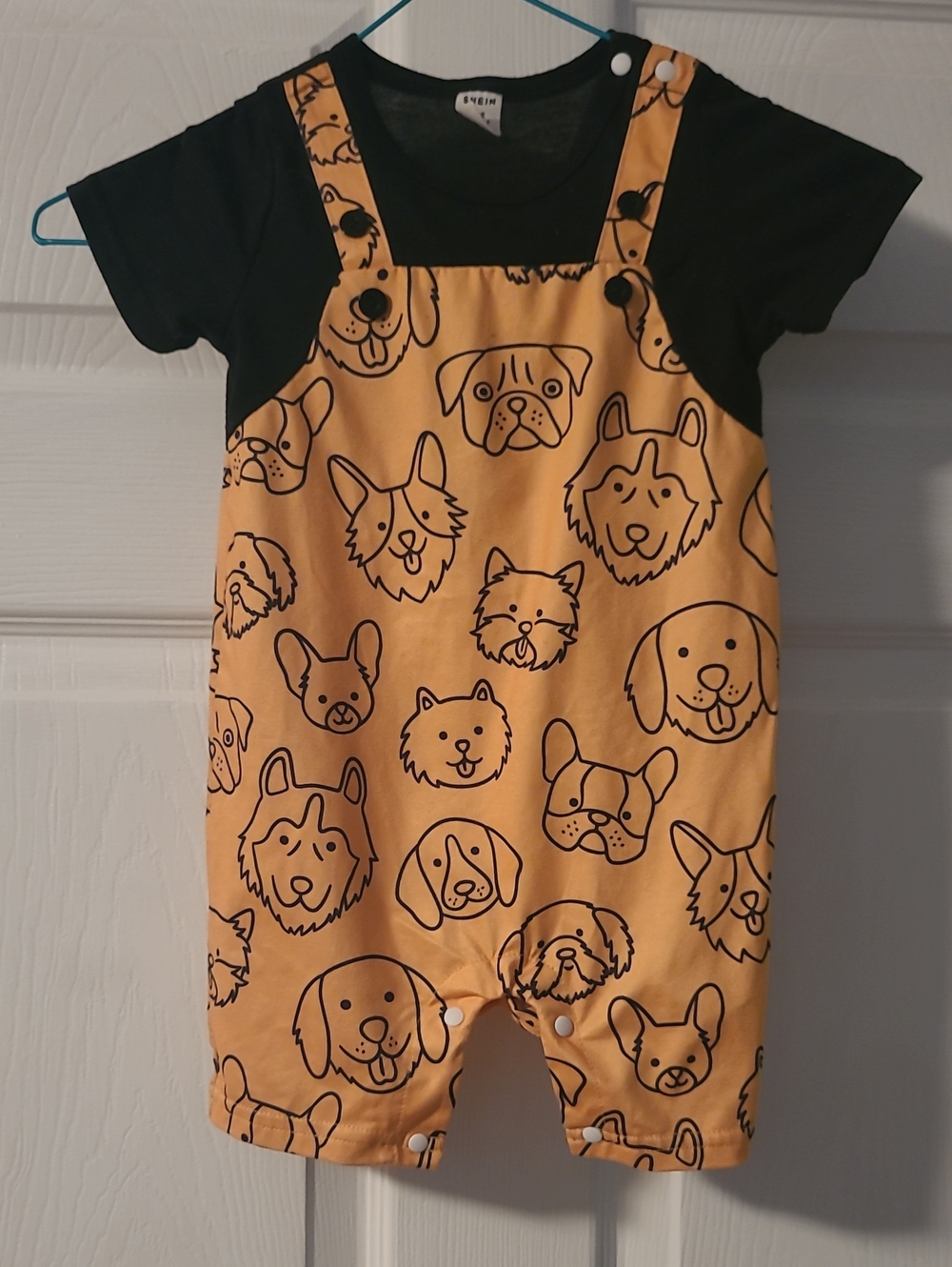Black & Mustard Dog Print Kids One-Piece Romper Size 9-12M